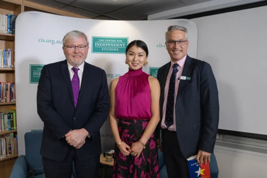 Kevin Rudd and Alice Han and Tom Switzer at Kevin Rudd: The Avoidable War