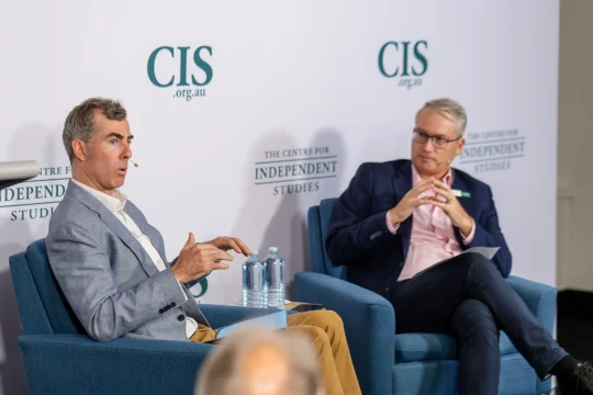 John Kehoe speaking and Tom Switzer at CIS event ''Canberra’s fiscal ticking bomb''