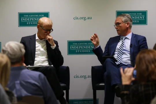 James Bartholomew & Tom Switzer speaking on stage