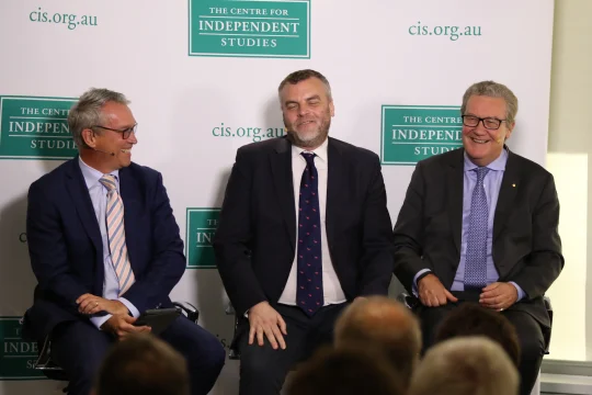 Tom Switzer,  Tim Montgomerie & Alexander Downer laughingon stage