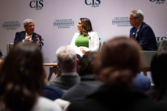 Nyunggai Warren Mundine, Jacinta Nampijinpa Price and Tom Switzer on stage at CIS event ''Does Australia need an Indigenous voice to Parliament? – PERTH''