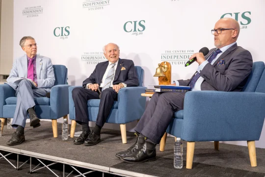 Andrew Blyth speaking CIS event: ''The Art of Opposition'' with John Howard and Scott Prasser on stage