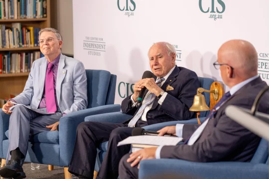 John Howard OM AC speaking at CIS event: ''The Art of Opposition'' with Scott Prasser and Andrew Blyth on stage