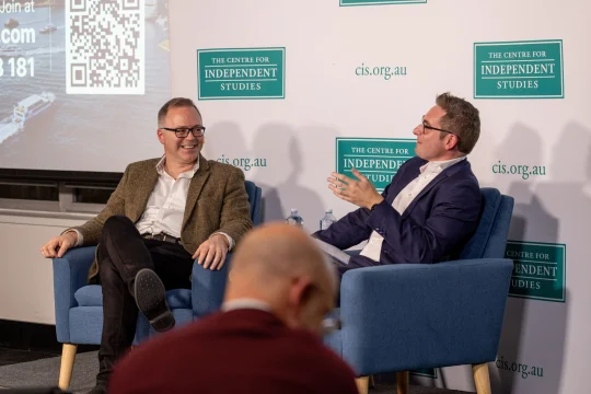 Tom Bennett & Glenn Fahey speaking on stage at CIS event: ''An Evening with Tom Bennett''