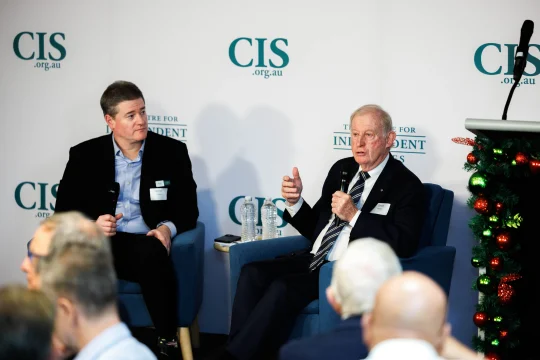 David Murray AO speaking on stage at CIS event ''Is Australia’s Financial System Ready for the 21st Century?''