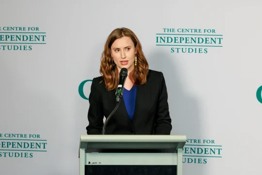 Zoe Hilton speaking on stage at CIS event ''Has the US alliance distorted Australia’s defence plans?''